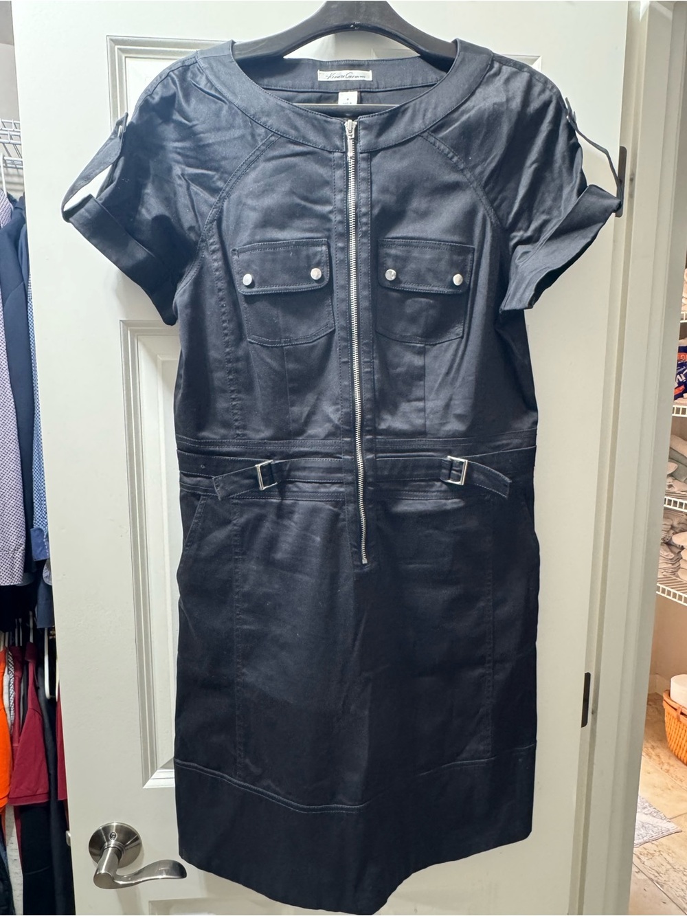 Kenneth Cole New York Black Zip-Front Short Sleeve Midi Dress